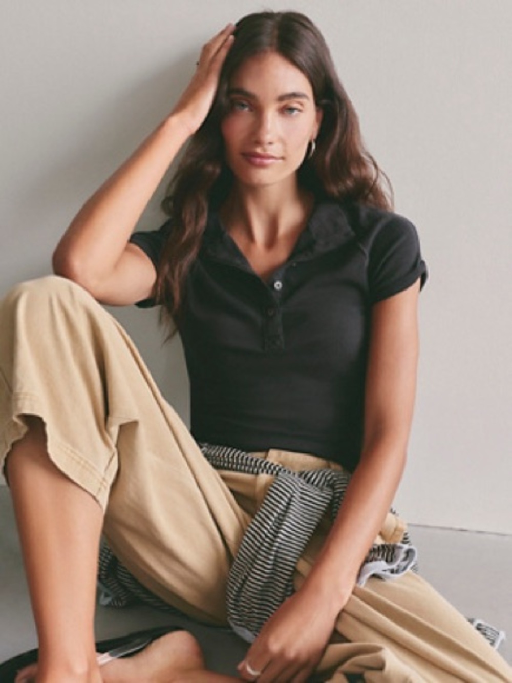 🆕 Free People We The Free In The Clouds Henley Tee Black Short-Sleeve polo